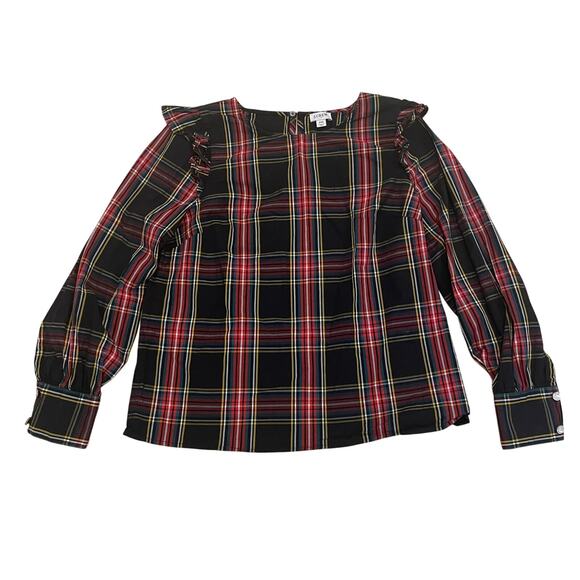 J.Crew Size PM Plaid Ruffle Shoulder Top | Holiday Tartan Blouse Long Sleeve - Picture 4 of 14